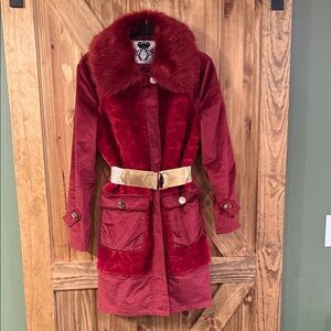 Elegant Red Fur-Collar Trench Coat
